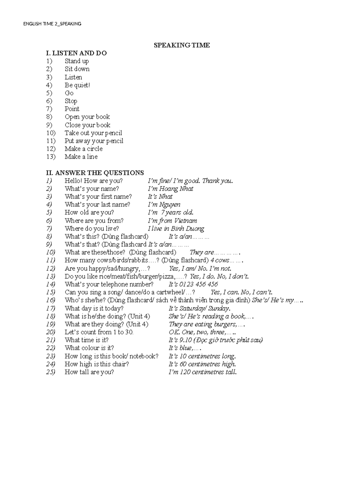 Speaking Practice - English Time 2 - Questions and Commands - Studocu