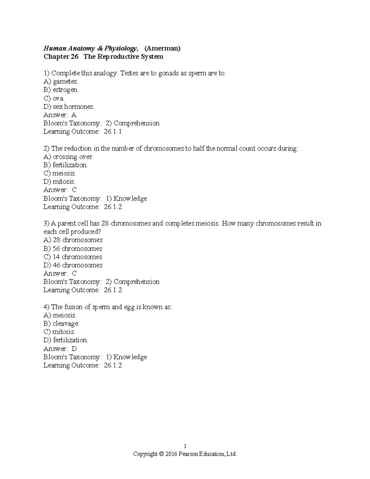 Ch 26 Test Bank - Questions and Answers for Reproductive System - Document Preview