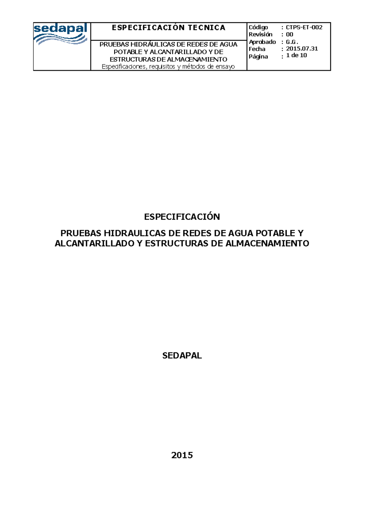 Pruebas Hidráulicas - Redes de Agua Potable y Alcantarillado - SEDAPAL - Document Preview