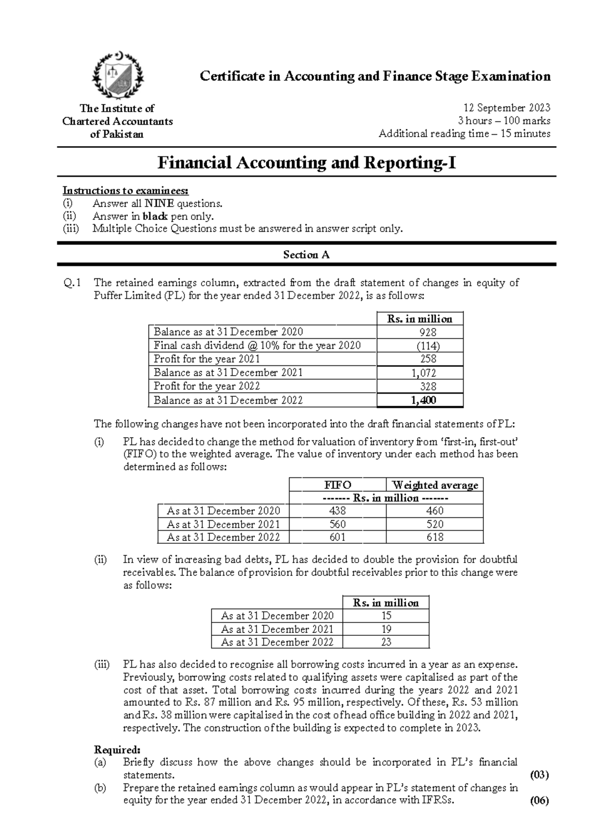 CAF 1 FAR1 Autumn 2023 - Financial Accounting & Reporting Past Paper ...