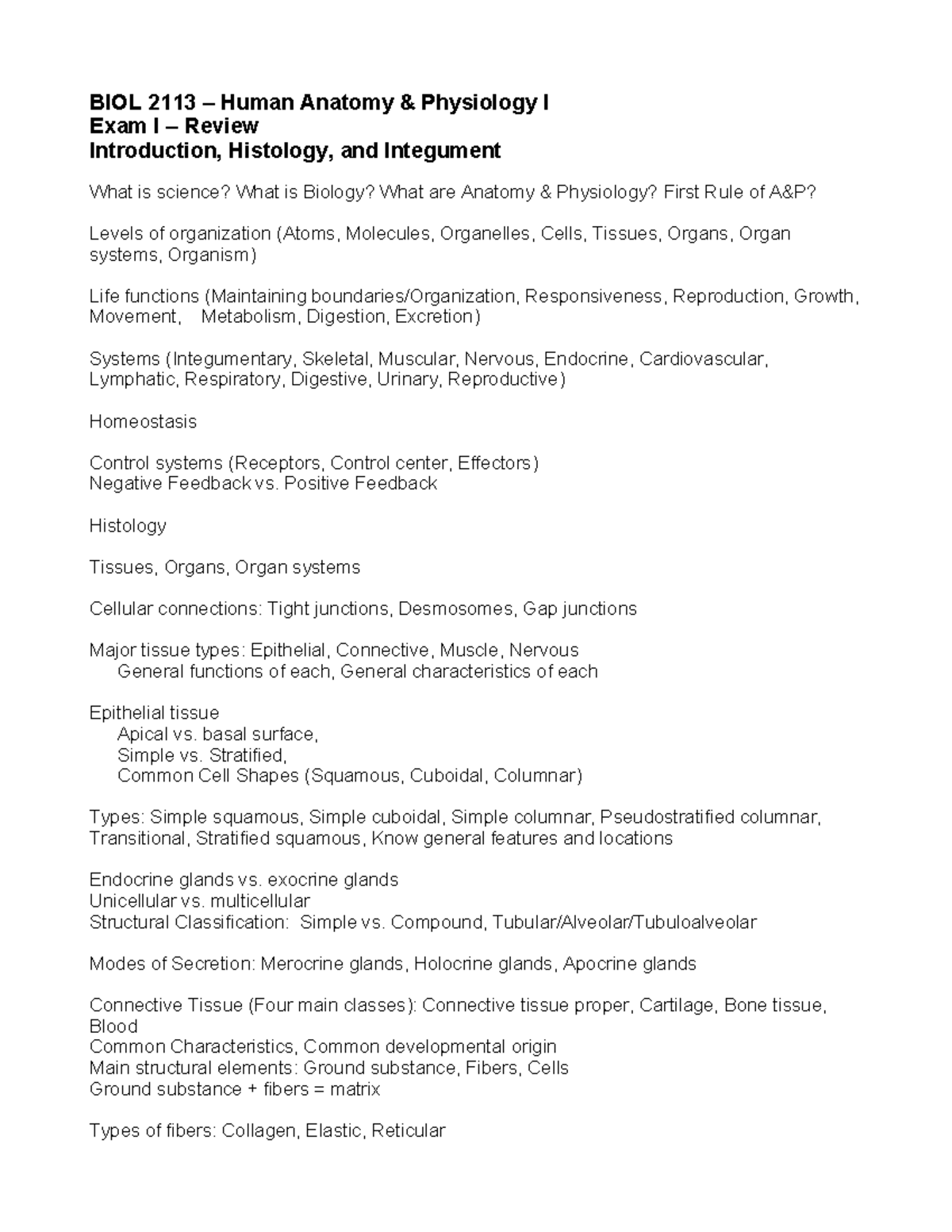 BIOL 2113 - Human Anatomy & Physiology I Exam I Review Guide - Studocu