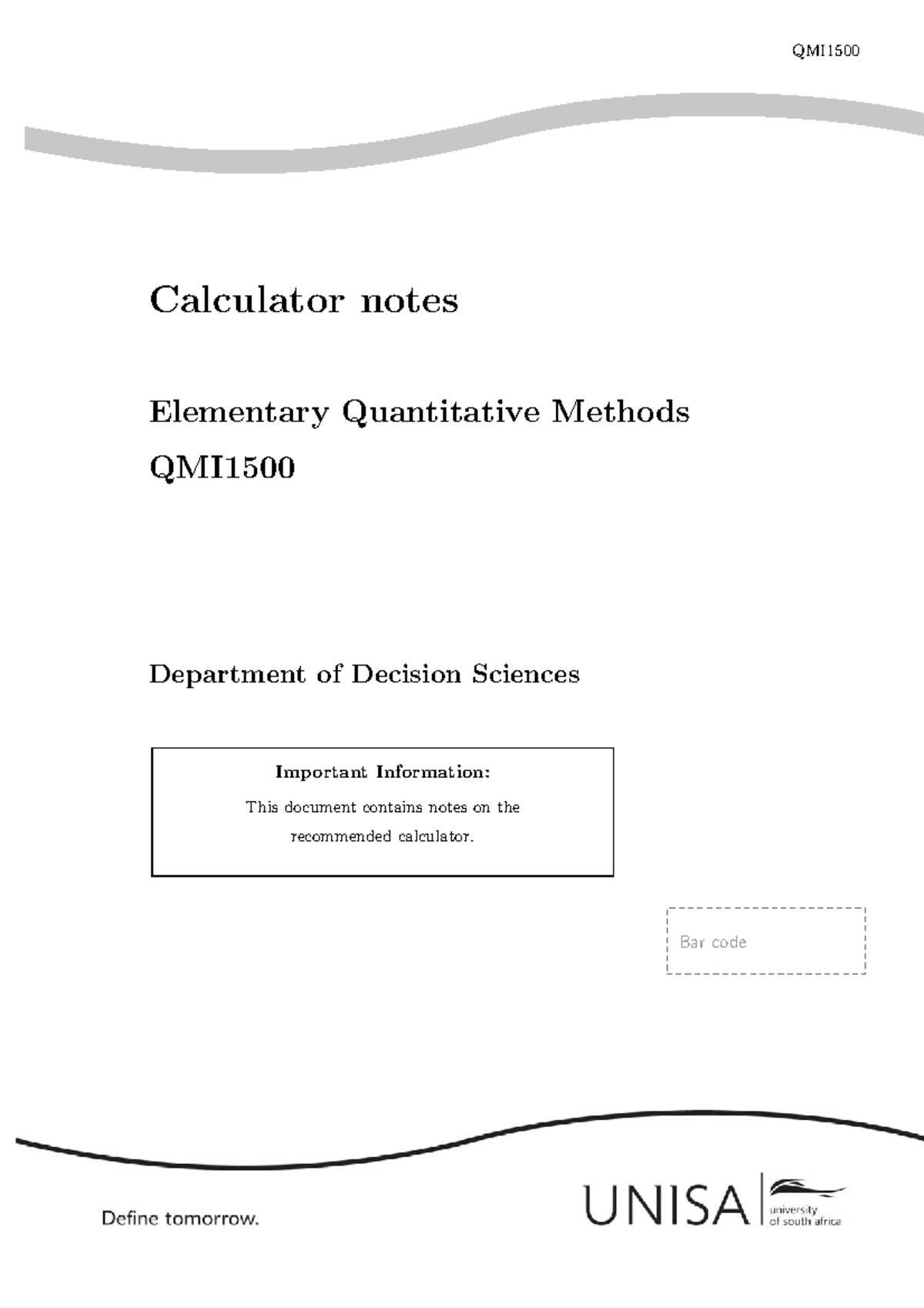 Calculator Notes - Calculator notes Elementary Quantitative Methods QMI ...