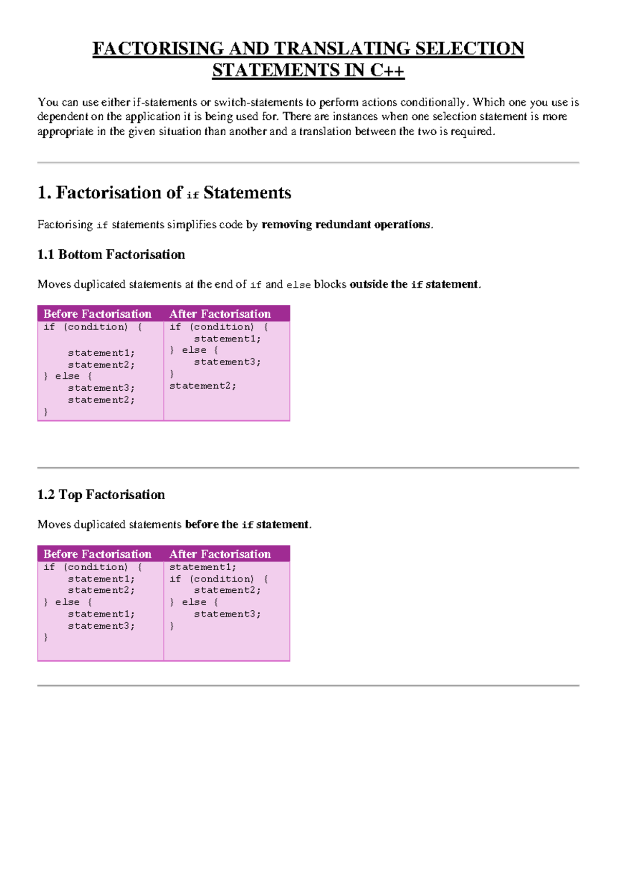 Factorising and Translating Selection Statements in C - Studocu