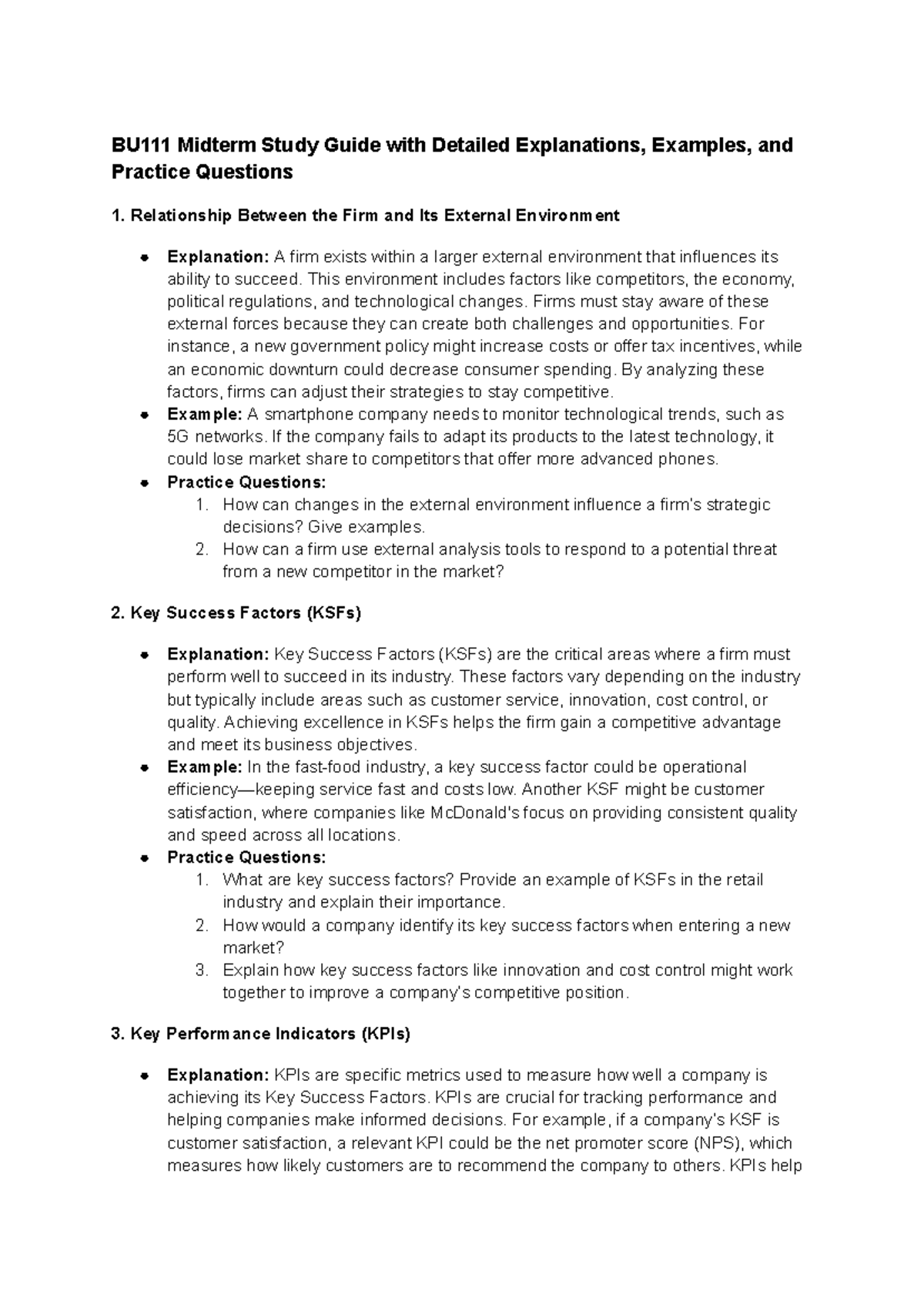BU111 Midterm Study Guide: Key Concepts & Practice Questions - Studocu