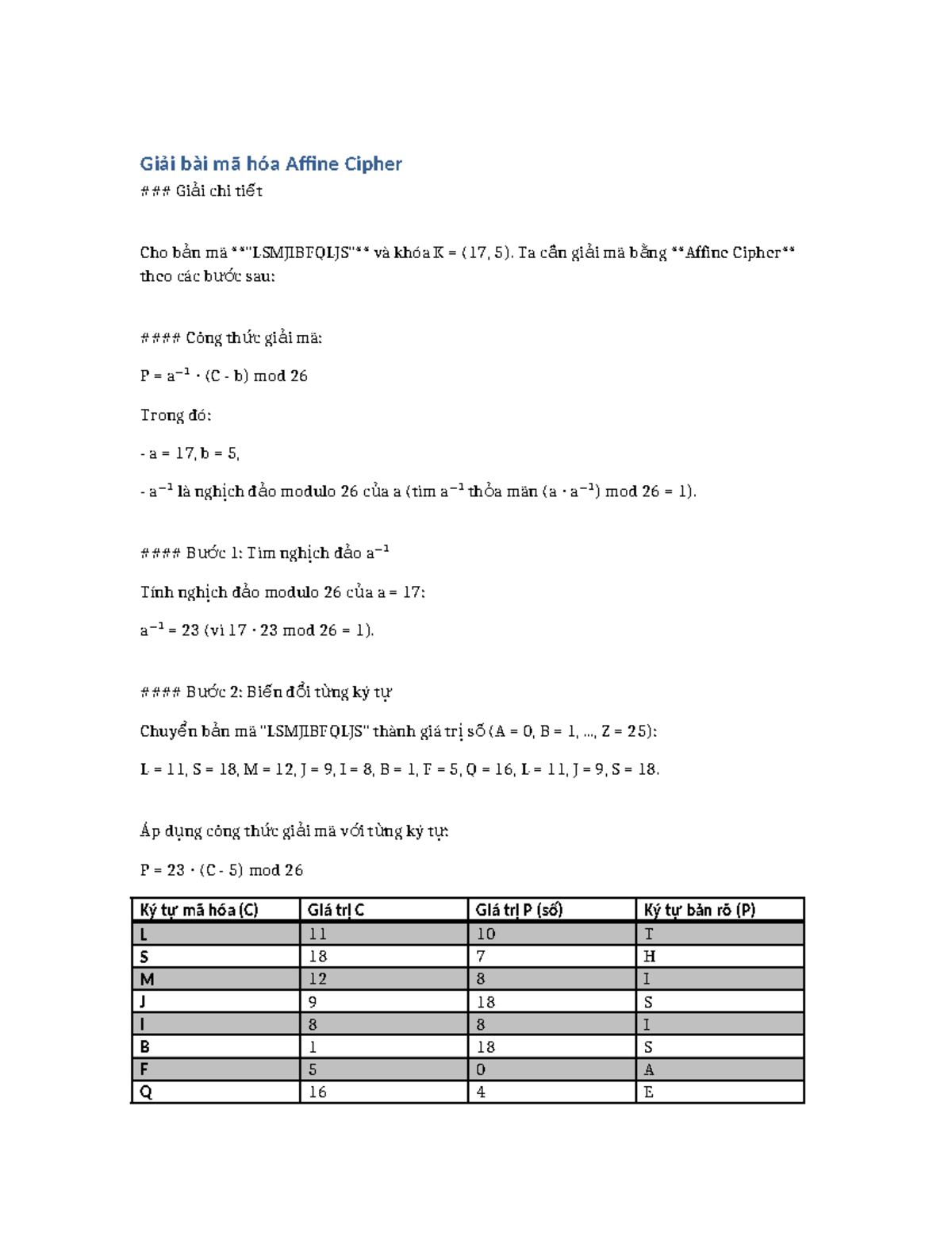 Giải mã Affine Cipher - Công thức & Ví dụ (K=17,5) - Studocu