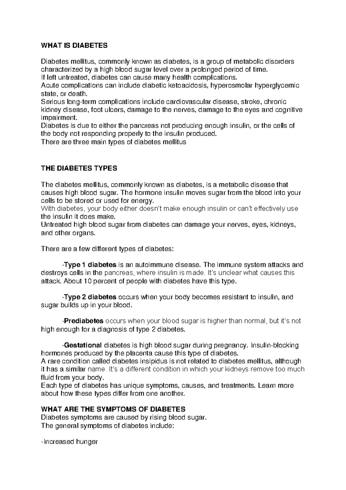 Diabetes Overview: Types, Symptoms, and Complications - Studocu