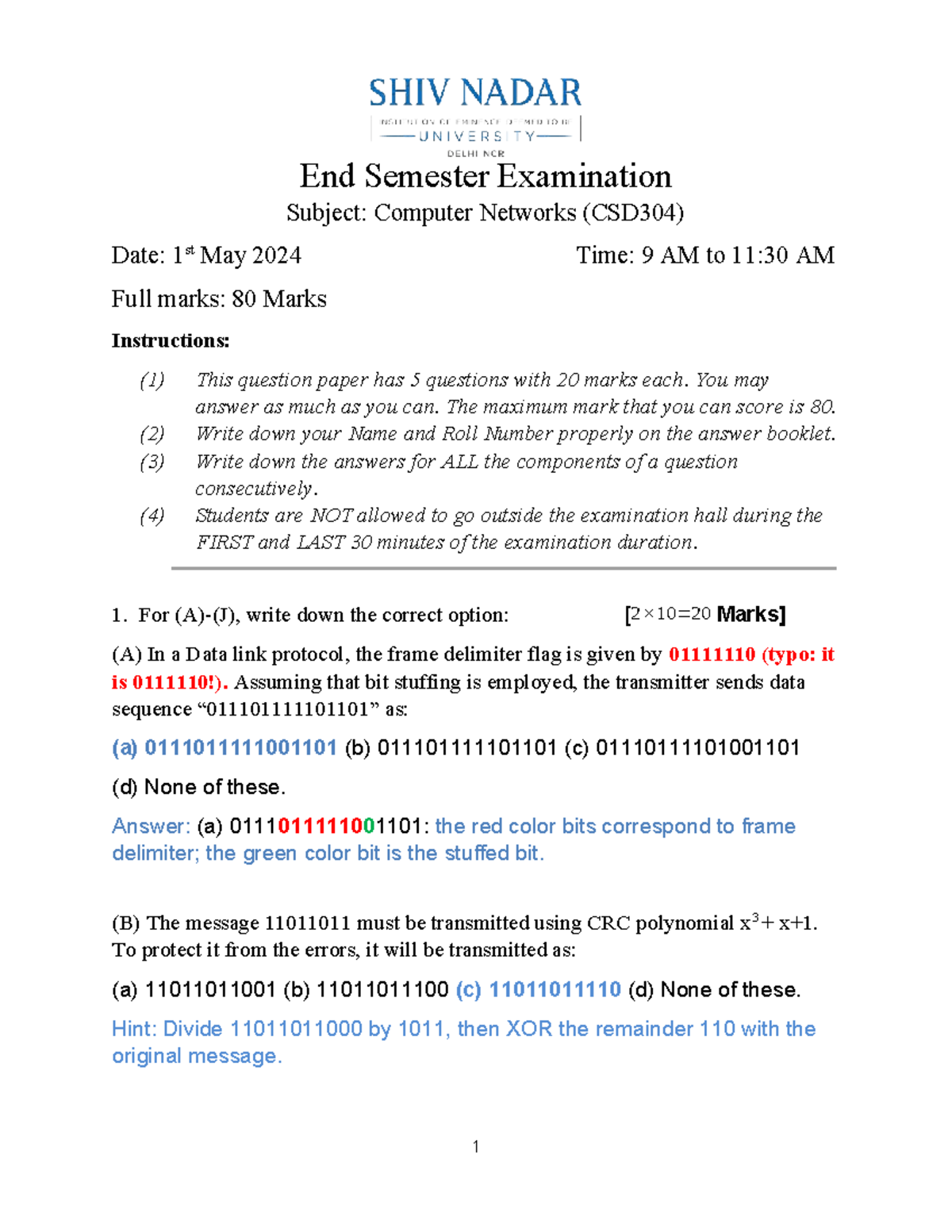 End Semester Exam: Computer Networks (CSD304) Practice Set 5 - Studocu