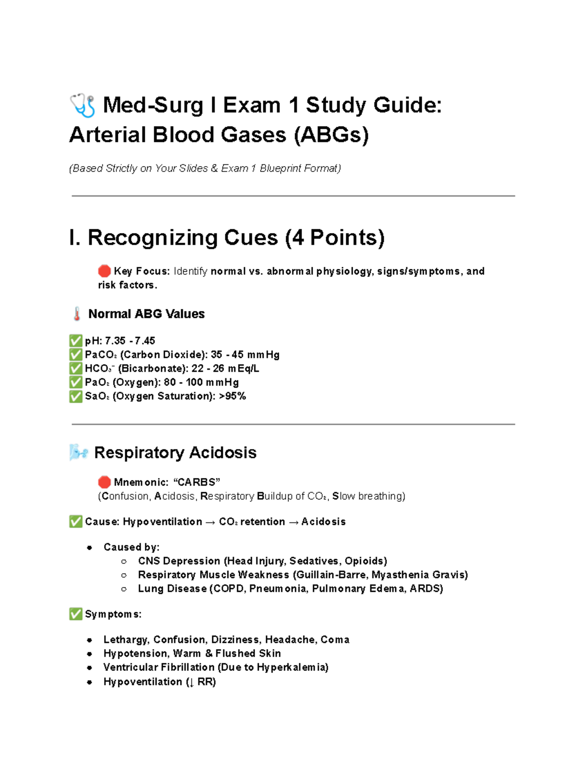 I Exam 1 Study Guide: Arterial Blood Gases (ABGs) for Med Surg - Studocu