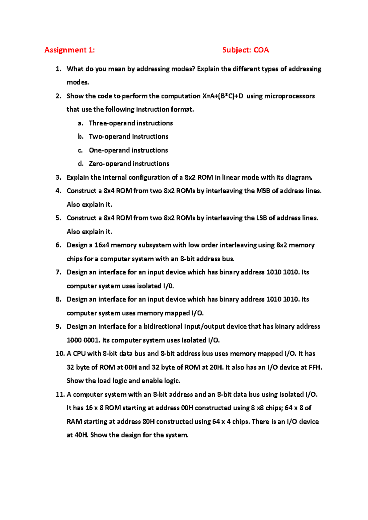 COA 1: Addressing Modes & ROM Design Concepts Assignment - Studocu