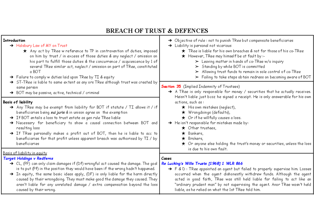 Breach of Trust & Defences: Legal Principles and Case Studies - Studocu