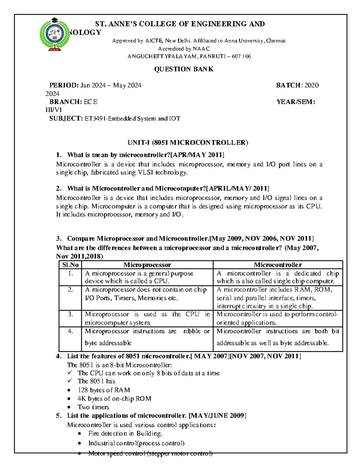 ET3491 Question Bank: Embedded Systems and IoT Design (Jan-May 2024 ...