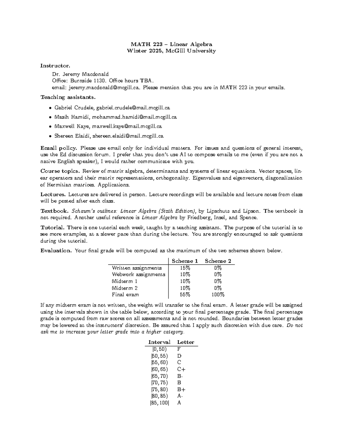 MATH 223 Winter 2025 Syllabus - MATH 223 – Linear Algebra Winter 2025 ...