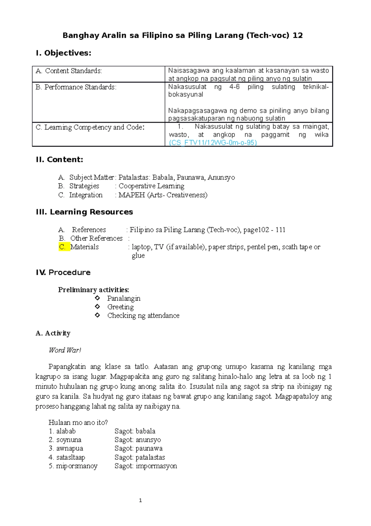 LAS 1. Analogy_1st Quarter Grade 7 - I. INTRODUCTORY CONCEPT What is an ...