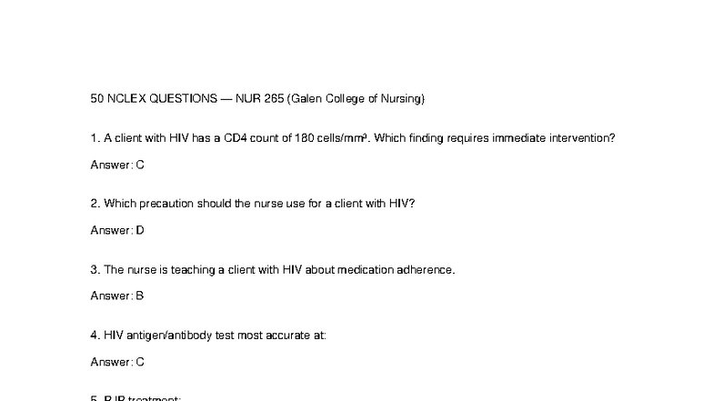 NCLEX Review Questions for NUR 265 - Galen College of Nursing - Studocu