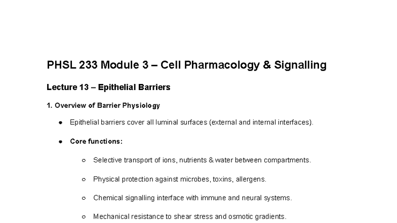 PHSL 233 Pharmacology Summary: Epithelial Barriers & Signalling ...