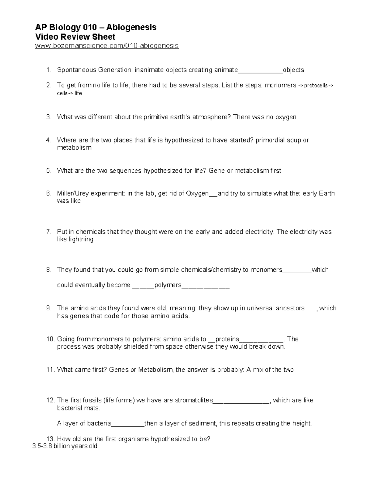 AP Bio 010 Abiogenesis Worksheet Review and Key Concepts - Studocu