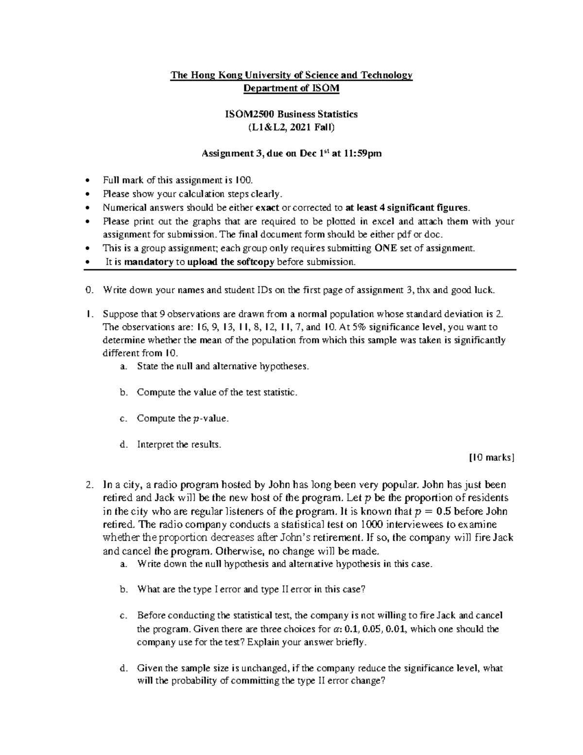 ISOM2500 Assignment 3: Hypothesis Testing & Regression Analysis - Studocu
