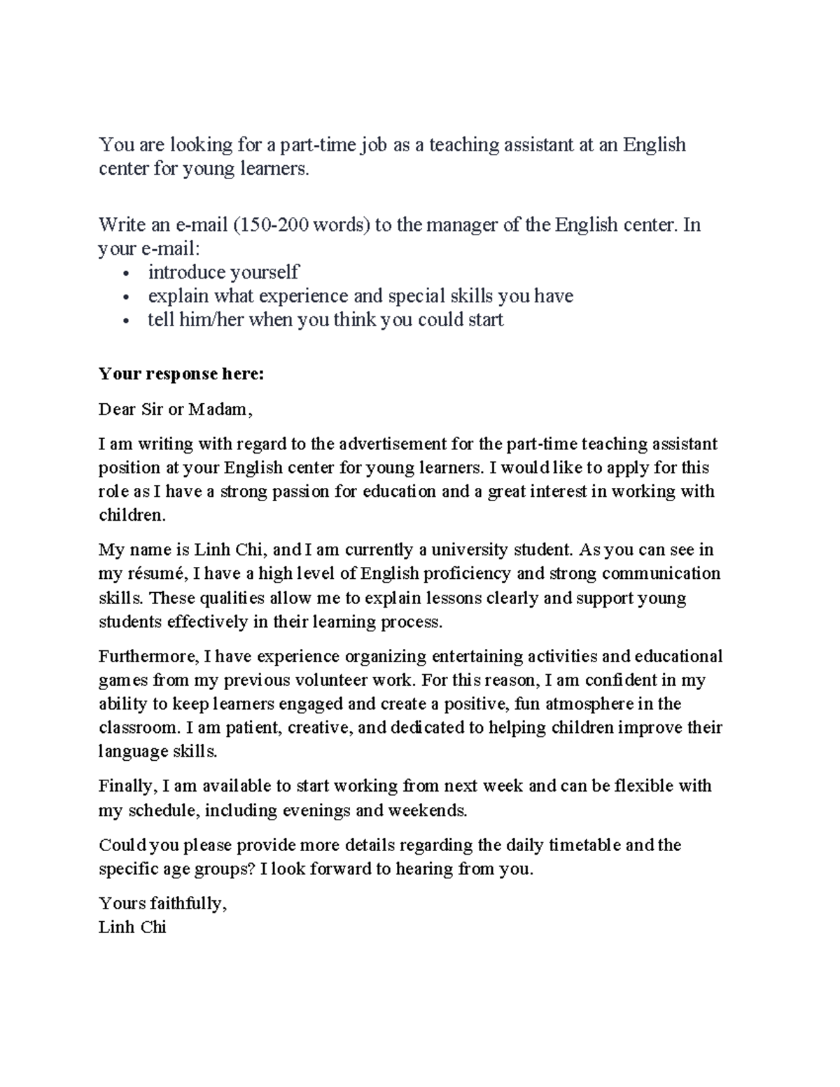 Job Application Letter for Teaching Assistant Position - Studocu