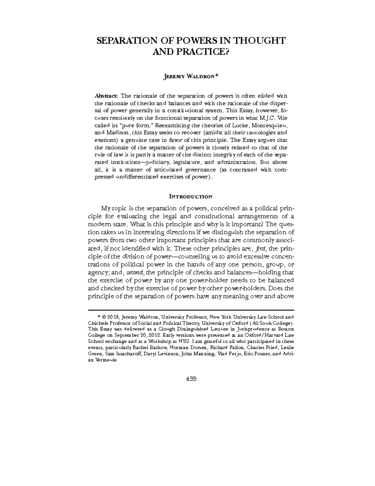 Separation OF Powers IN Thought AND Practice - 433 SEPARATION OF POWERS ...