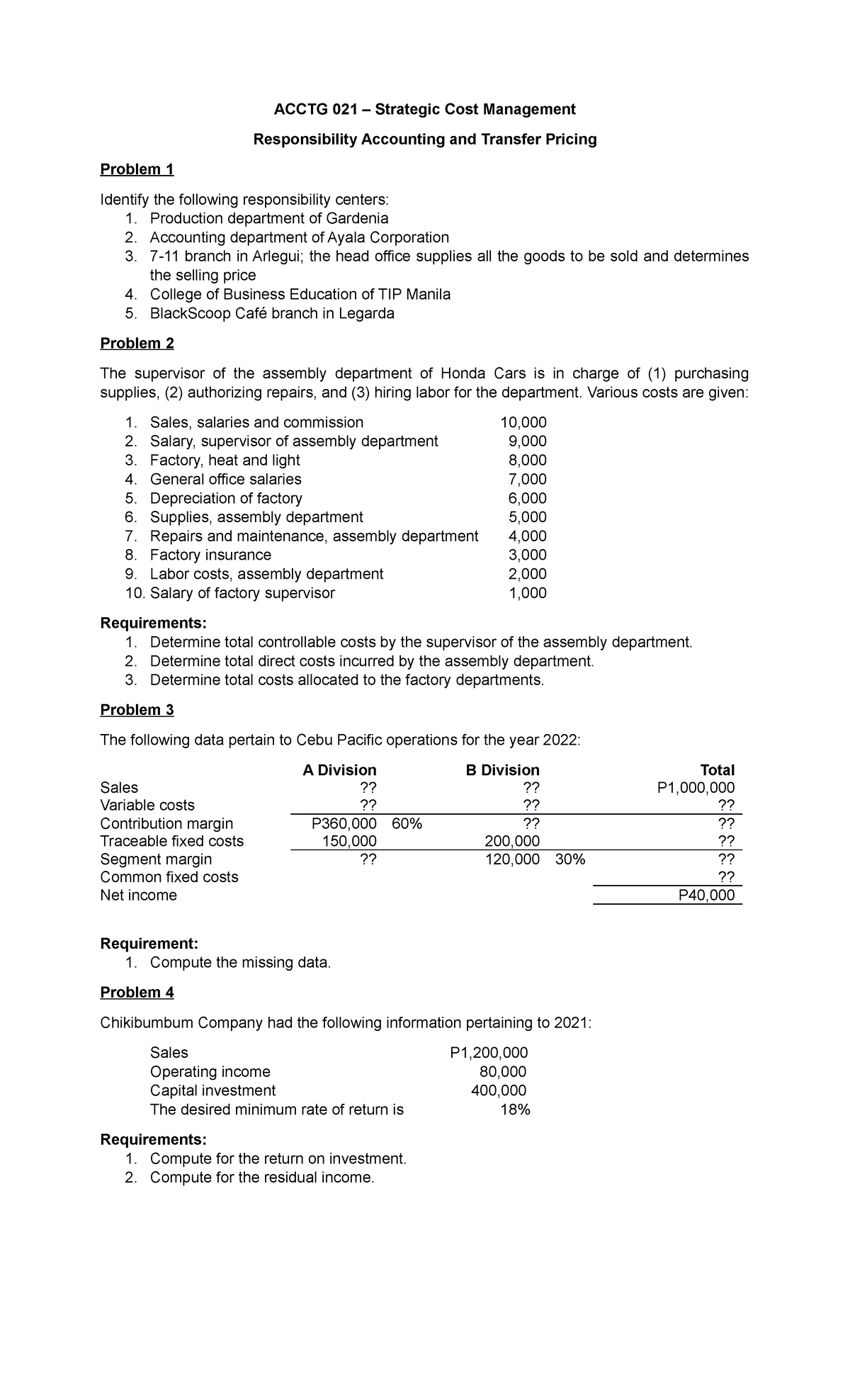 ACCTG 021 – Final Exam Study Guide for Responsibility Accounting - Studocu