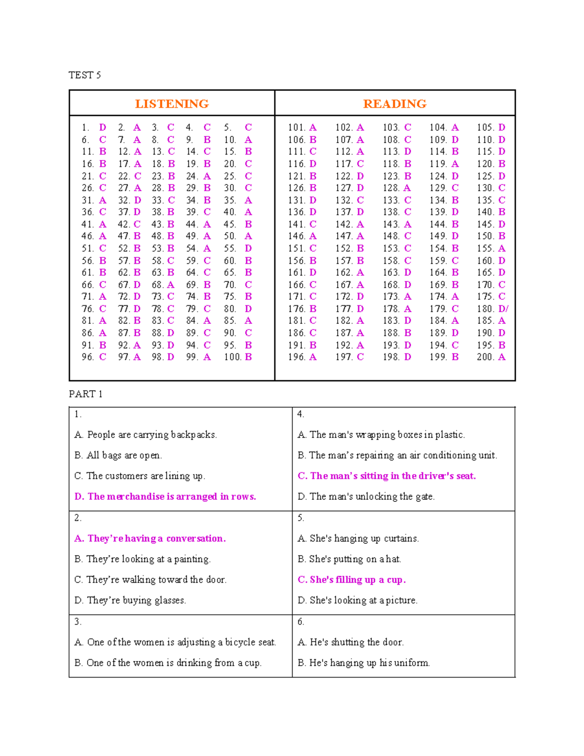 TEST 5 OF 6 Listening and Reading Answers - Studocu