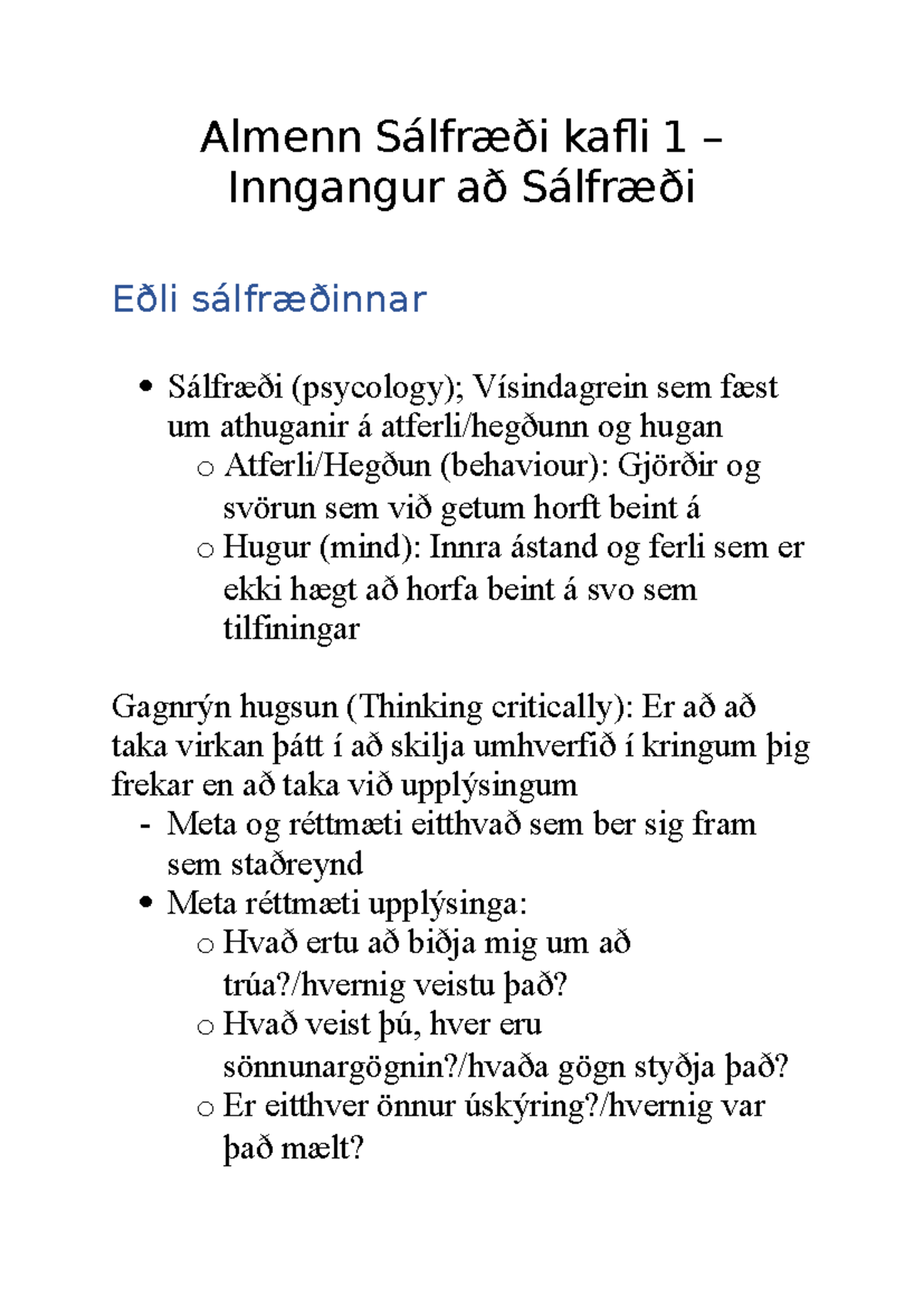 Almenn Sálfræði - Kaflar 1 og 2: Inngangur og Aðferðarfræði - Studocu