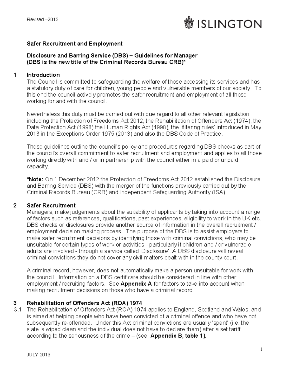 Islington DBSGuidelines July 2013 - Safer Recruitment and Employment ...