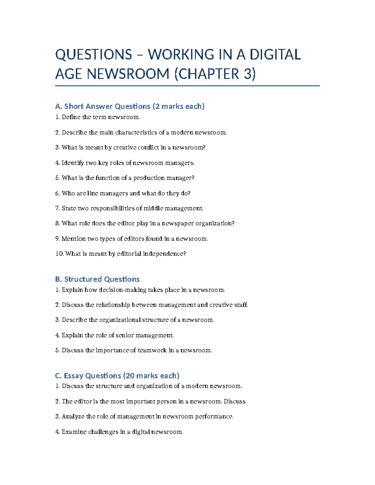 Newsroom Questions (Chapter 3) - Short & Structured Answers - Studocu