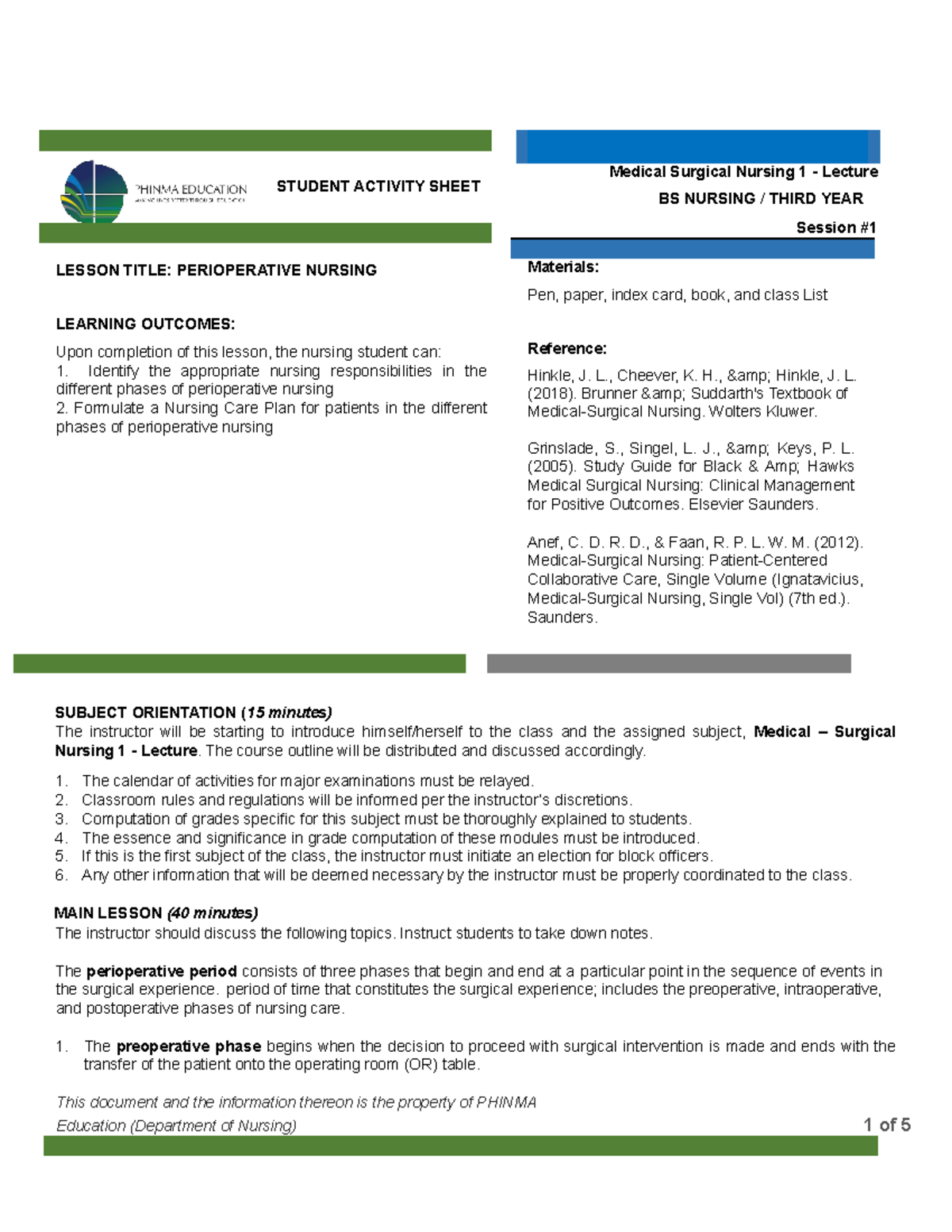 NUR155-SAS-Perioperative Nursing Lesson Plan and Objectives - Studocu