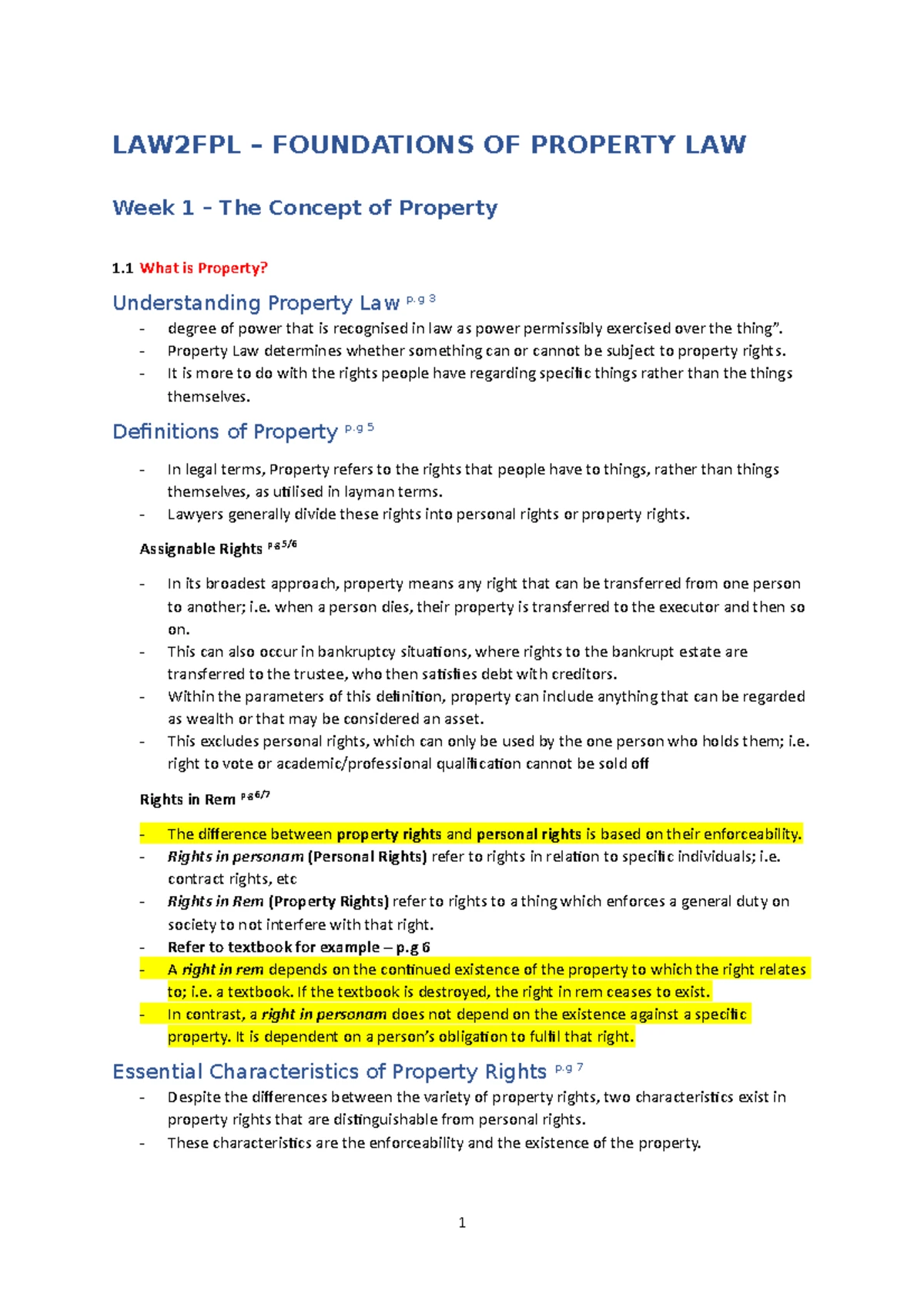 Week 1: Understanding Property Rights and Legal Concepts in Law - Studocu