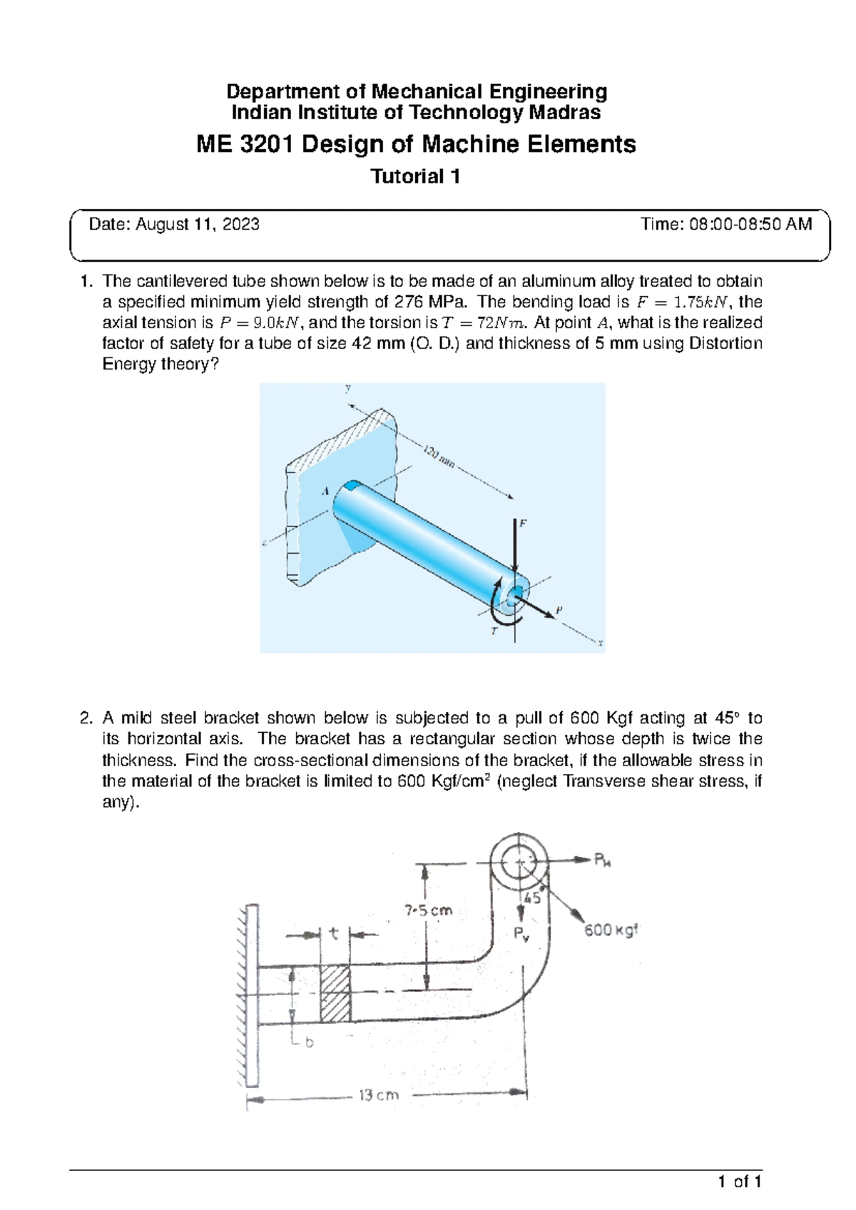 ME 3201 Tutorial 3 - Analysis of Machine Element Strength - Studocu