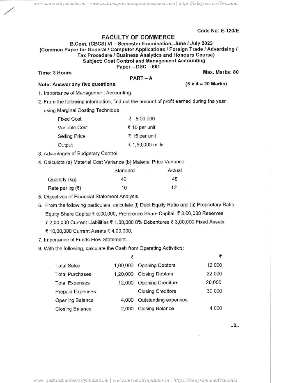 B.Com. (CBCS) VI Sem Cost Control & Management Accounting Exam June ...