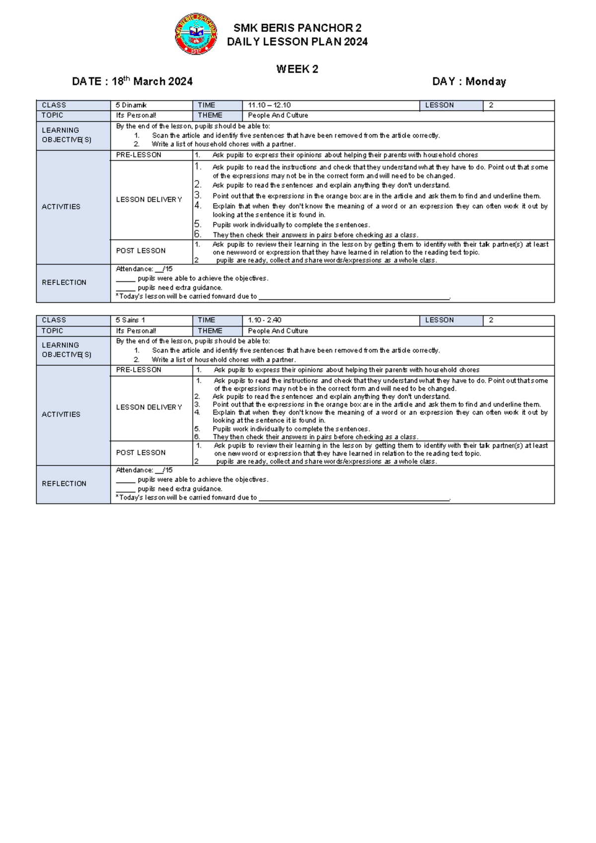 Week 2 - Daily Lesson Plan - Class 5 & 4 Activities - Studocu
