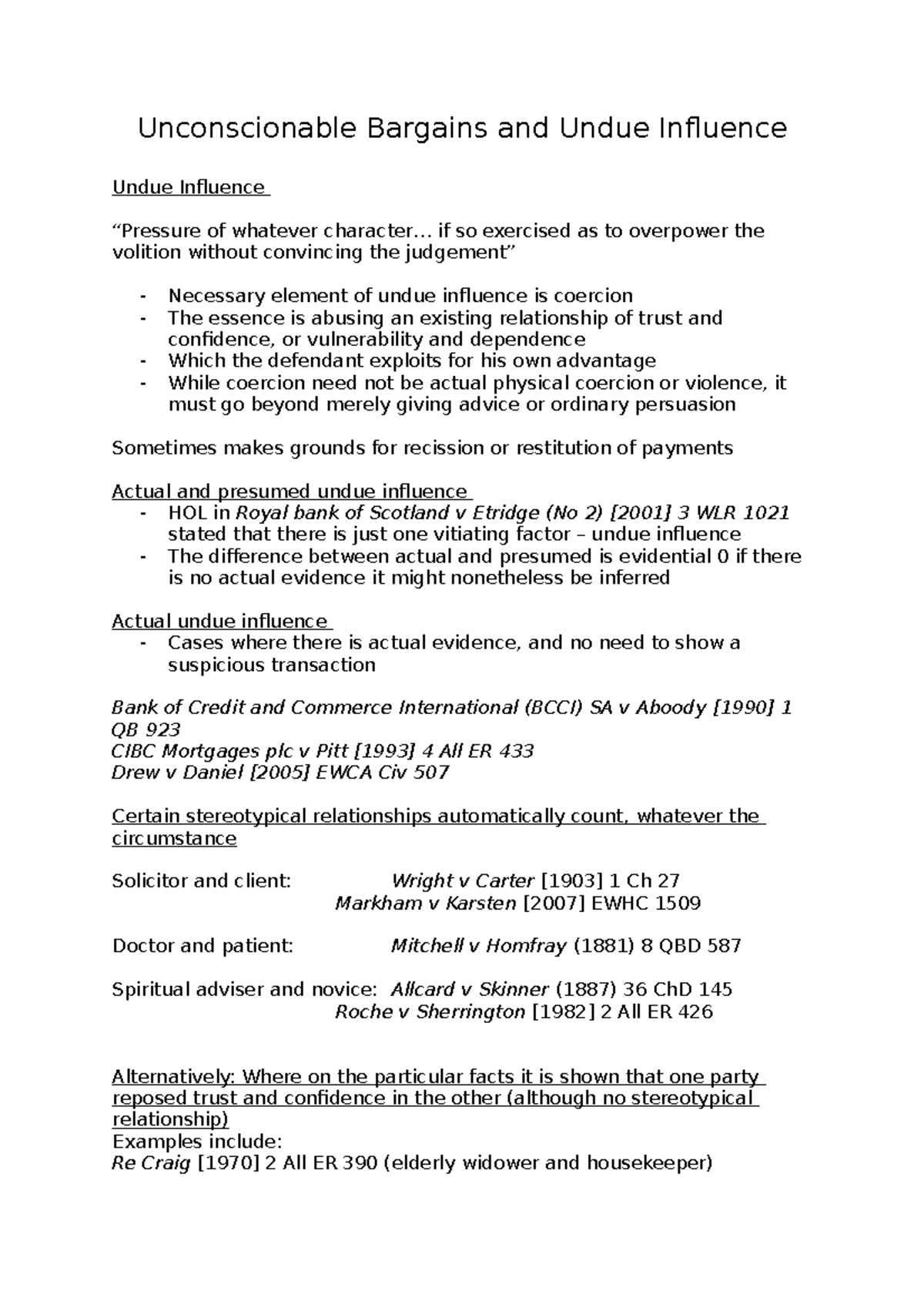 Final Exam Notes on Unconscionable Bargains and Undue Influence - Studocu