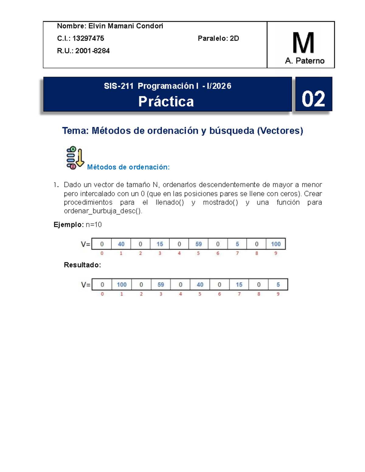 Práctica 02: Métodos de Ordenación y Búsqueda en Vectores - SIS Programación II - Document Preview