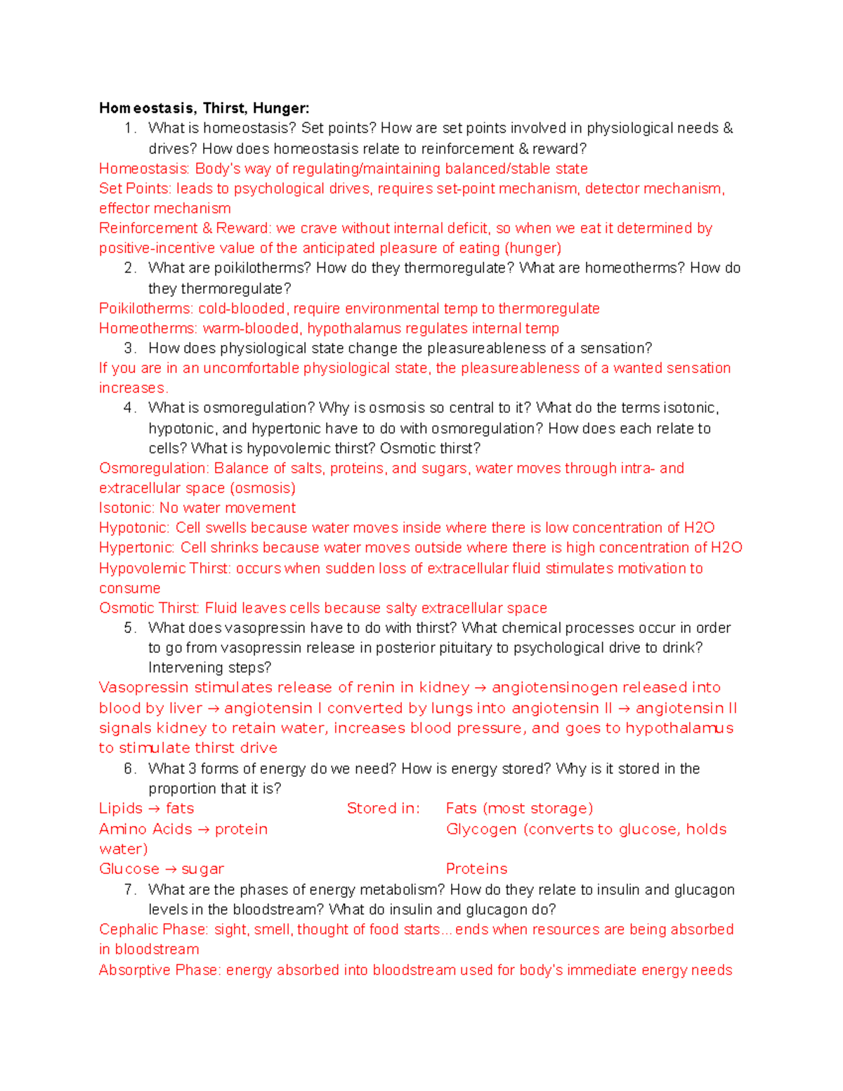 Exam III Review - Study guide (with answers) - Homeostasis, Thirst ...