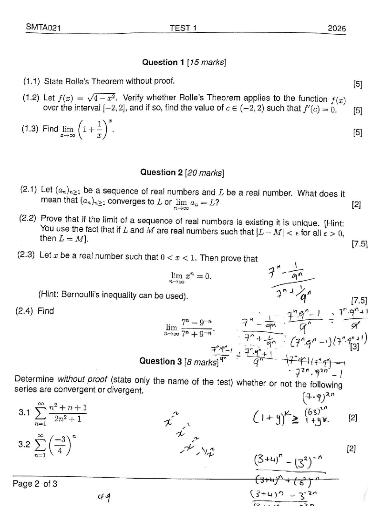 SMTA021 TEST 1 2026: Theorems, Limits, and Convergence Analysis - Studocu
