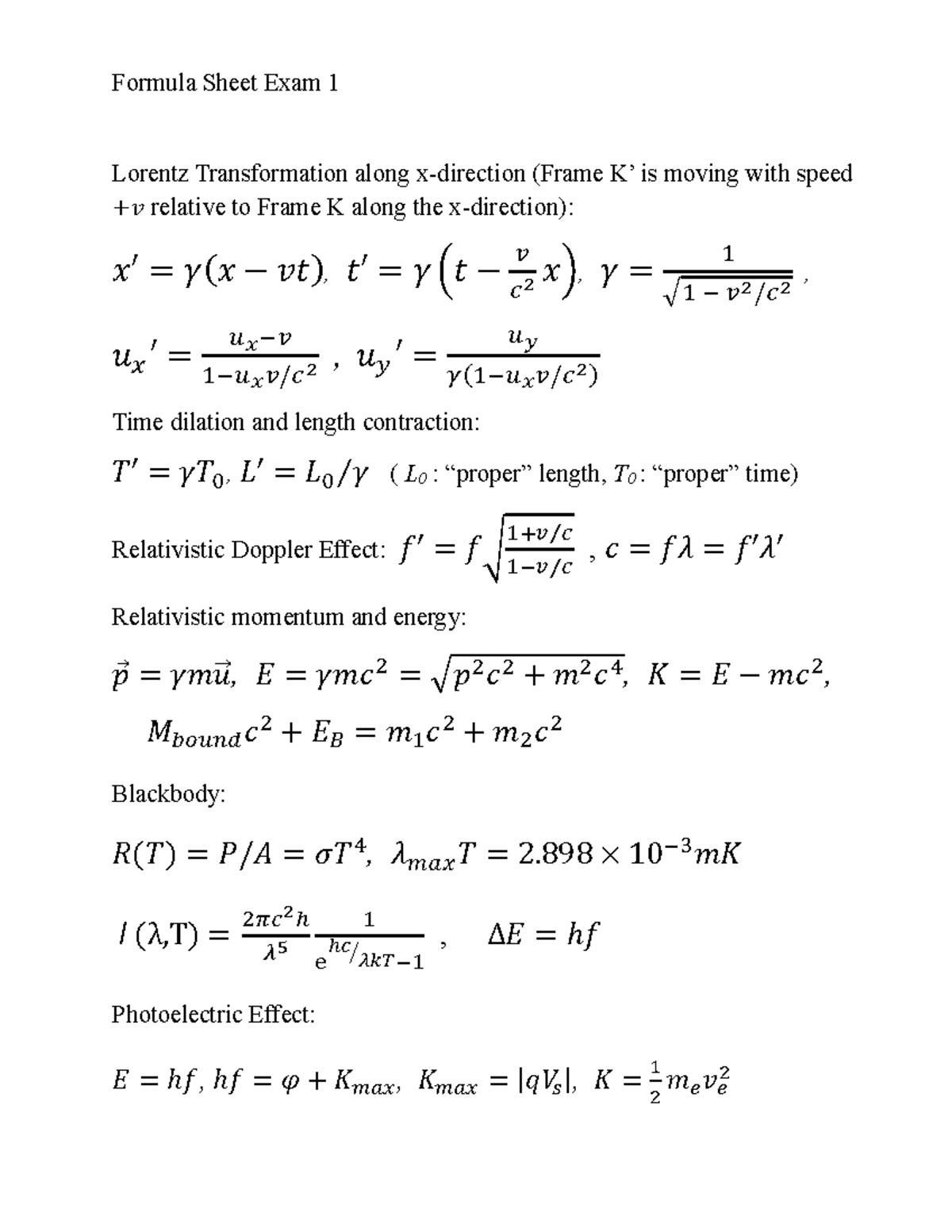 Formula Sheet for Exam 1: Lorentz Transformation & Effects - Studocu