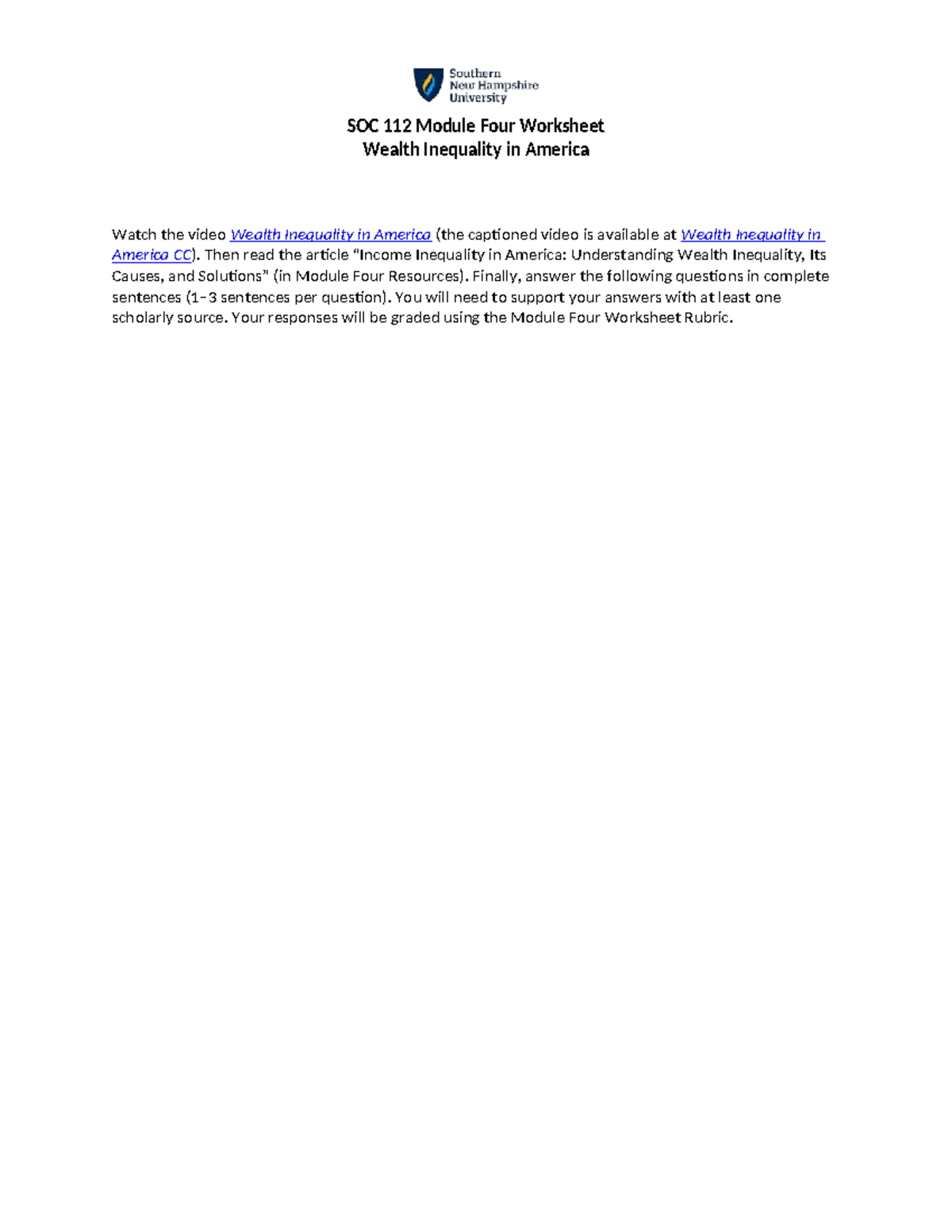 SOC 112 Module 4 Worksheet: Analyzing Wealth Inequality in America ...