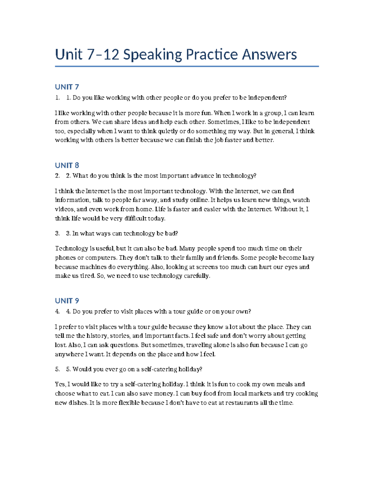 Speaking Practice Answers for Units 7-12 - Studocu