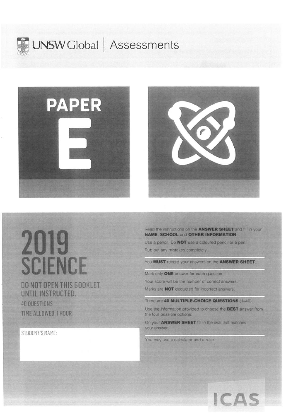 ICAS Science Paper E 2019: Global Assessments Instructions and ...