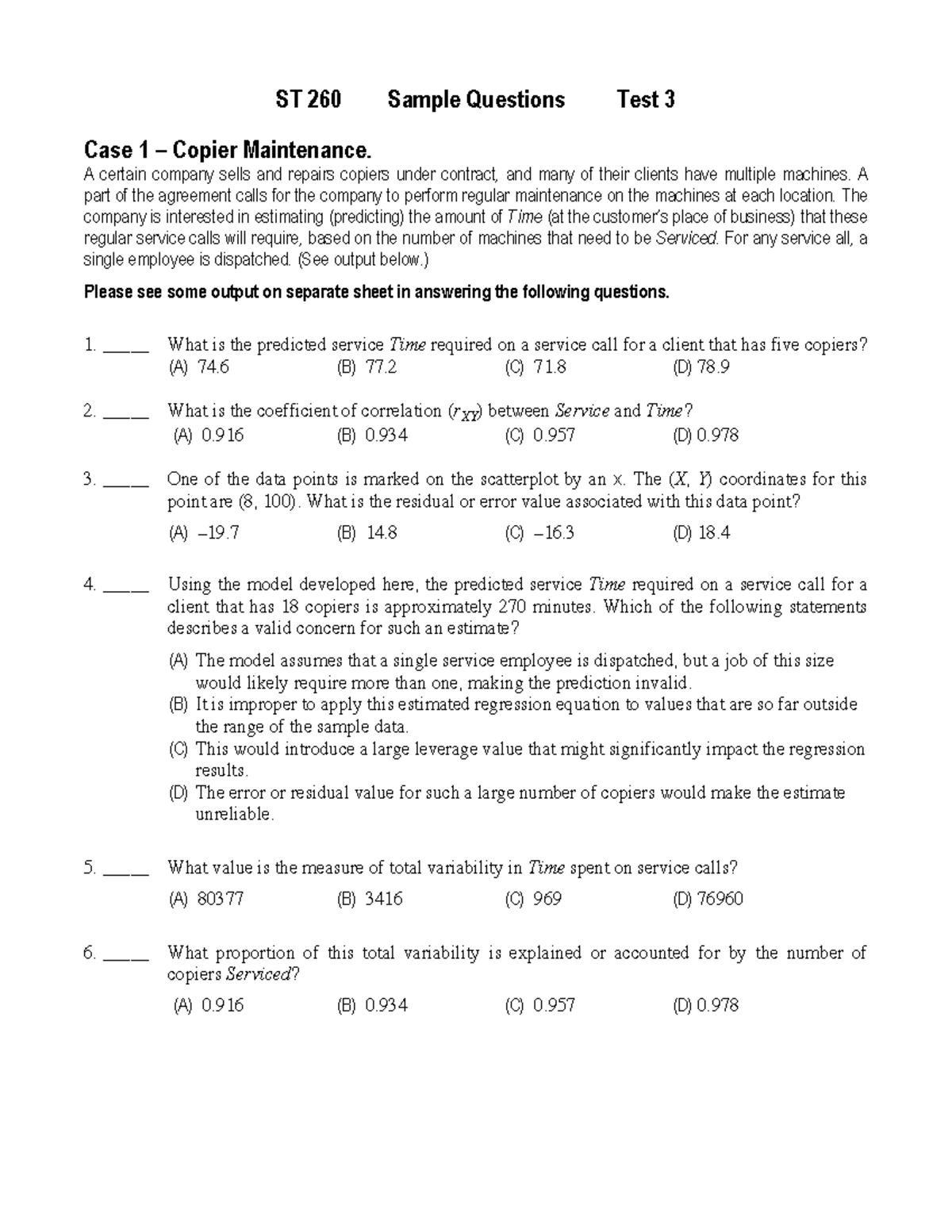 ST 260 Test 3 Sample Questions on Regression Analysis and Predictions ...