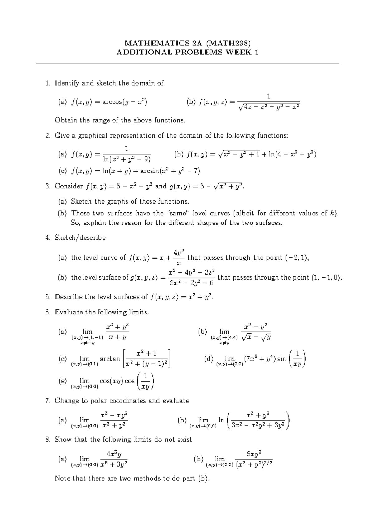 MATHEMATICS 2A (MATH238) WEEK 1 ADDITIONAL PROBLEMS SOLUTIONS - Studocu
