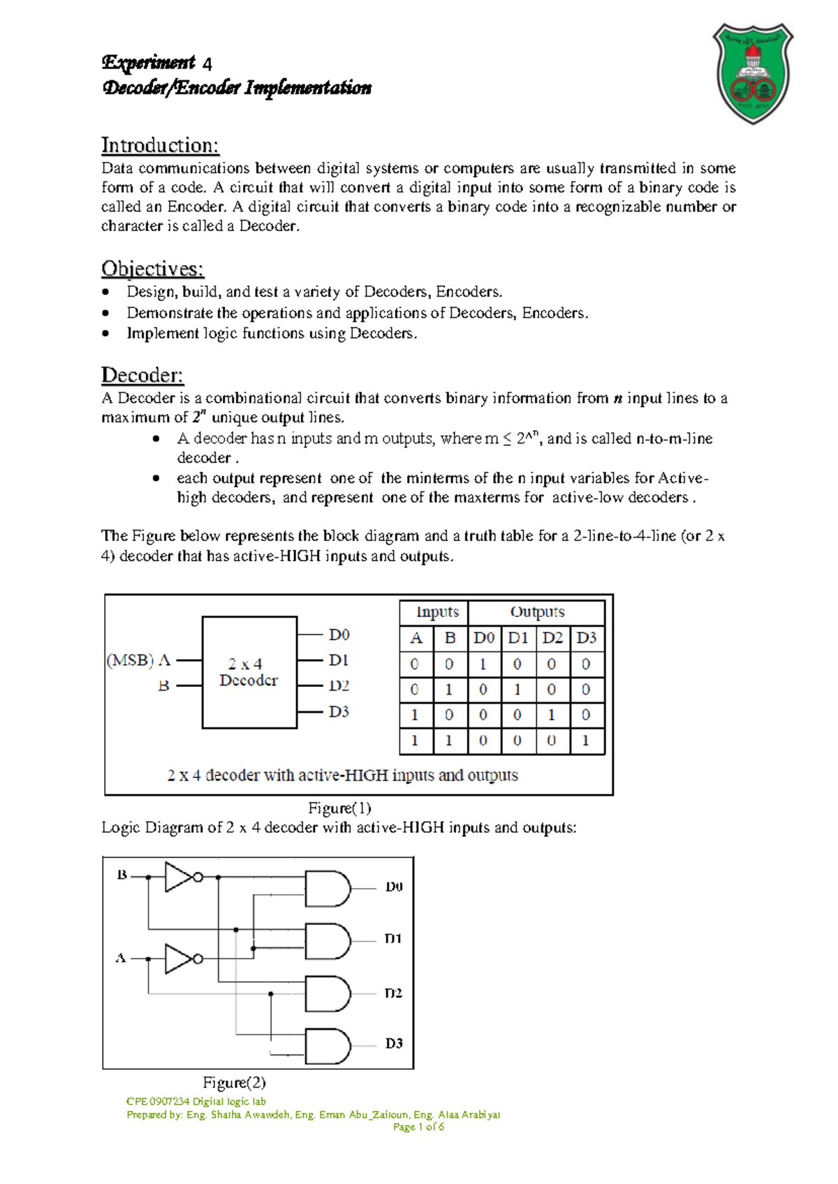 CPE 0907234 Digital Logic Lab: Decoders and Encoders Experiment 4 - Studocu
