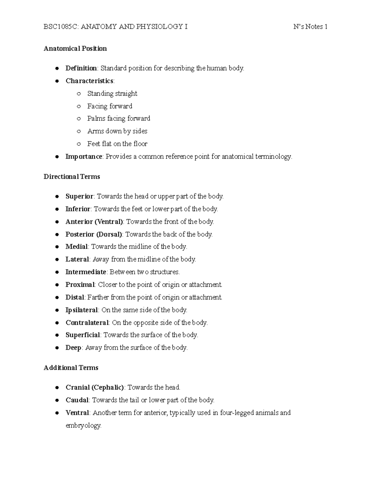 Anatomy Body Positions - BSC1085C: ANATOMY AND PHYSIOLOGY I N’s Notes 1 ...