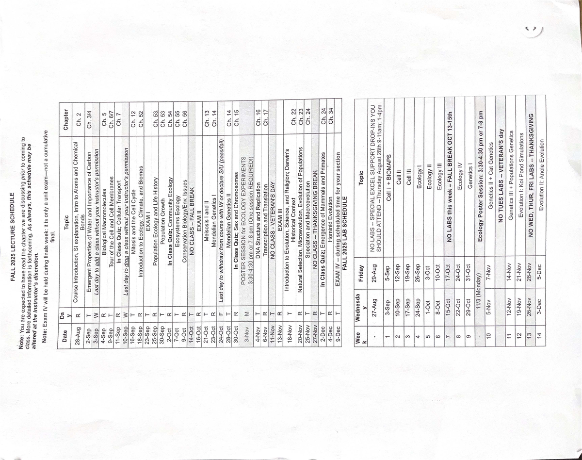 FALL 2025 LECTURE & LAB SCHEDULE - Course Code 101 - Studocu