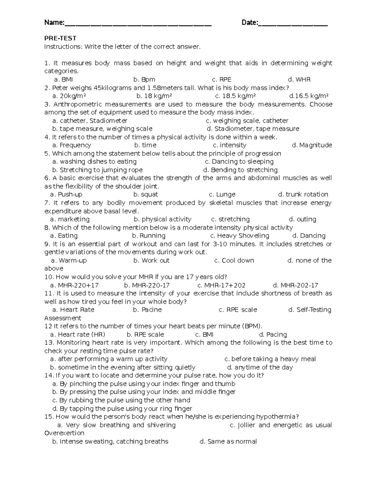 Pre-Test: Body Mass Index and Physical Activity Concepts - Studocu