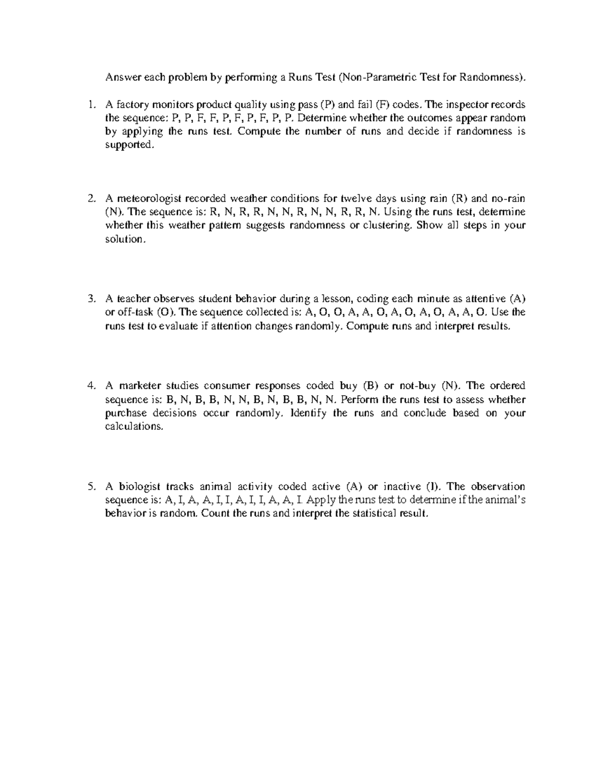 Non-Parametric Statistics: Runs Test for Randomness Analysis - Studocu