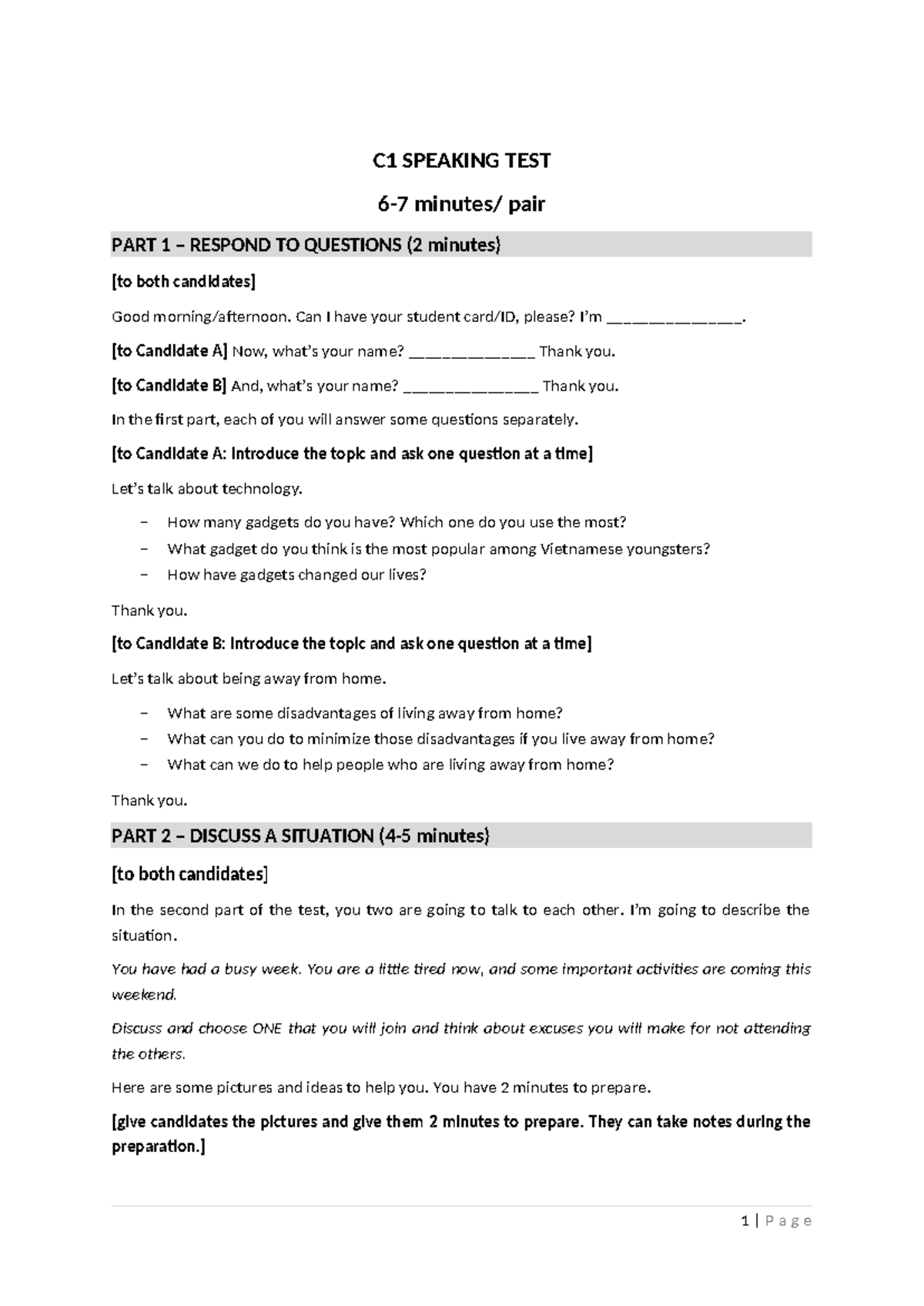C1 Speaking Test Sample: Part 1 & 2 Question Responses - Studocu