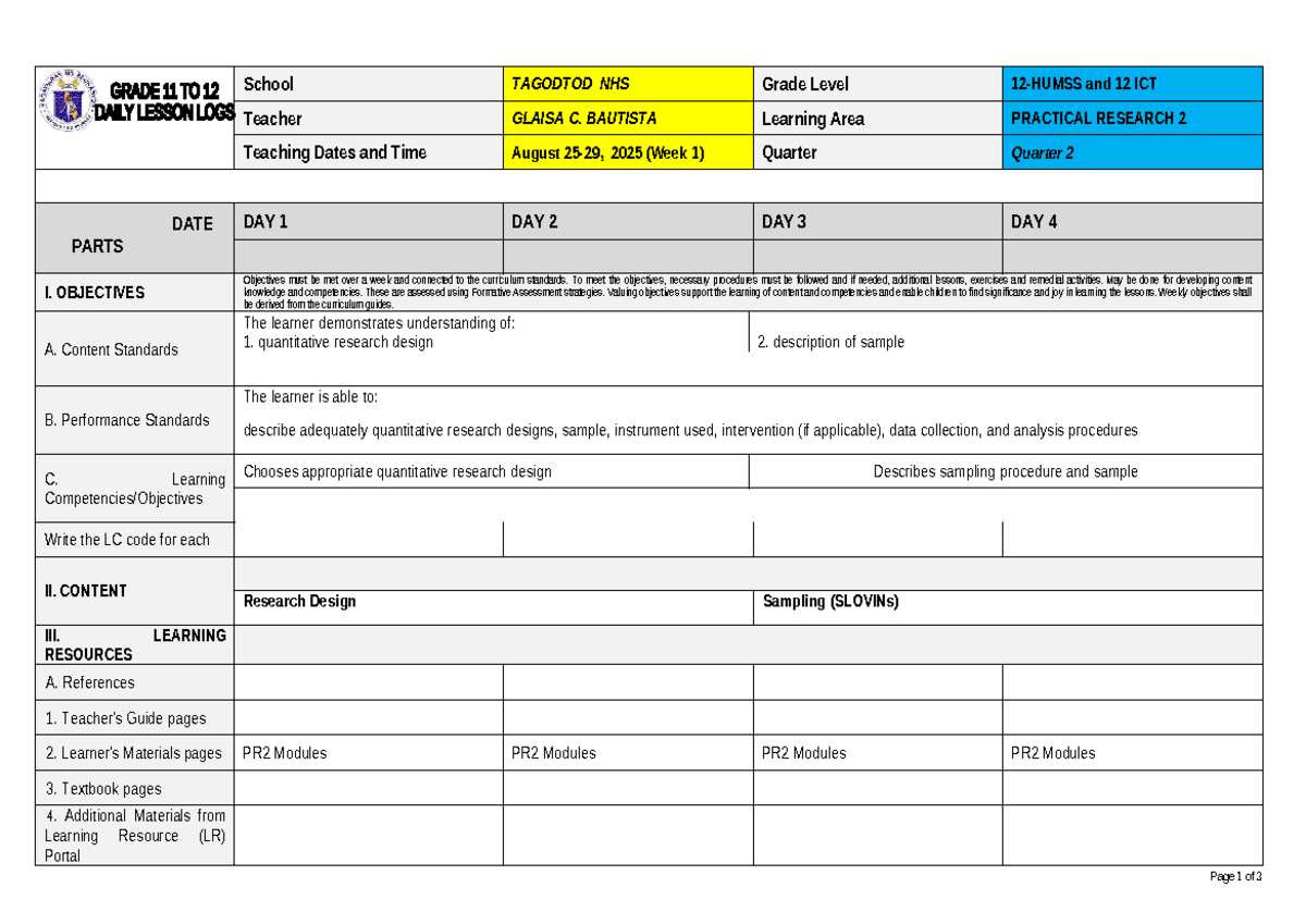 Practical Research 2 Week 1 Lesson Plan (Q2-2025) - Studocu